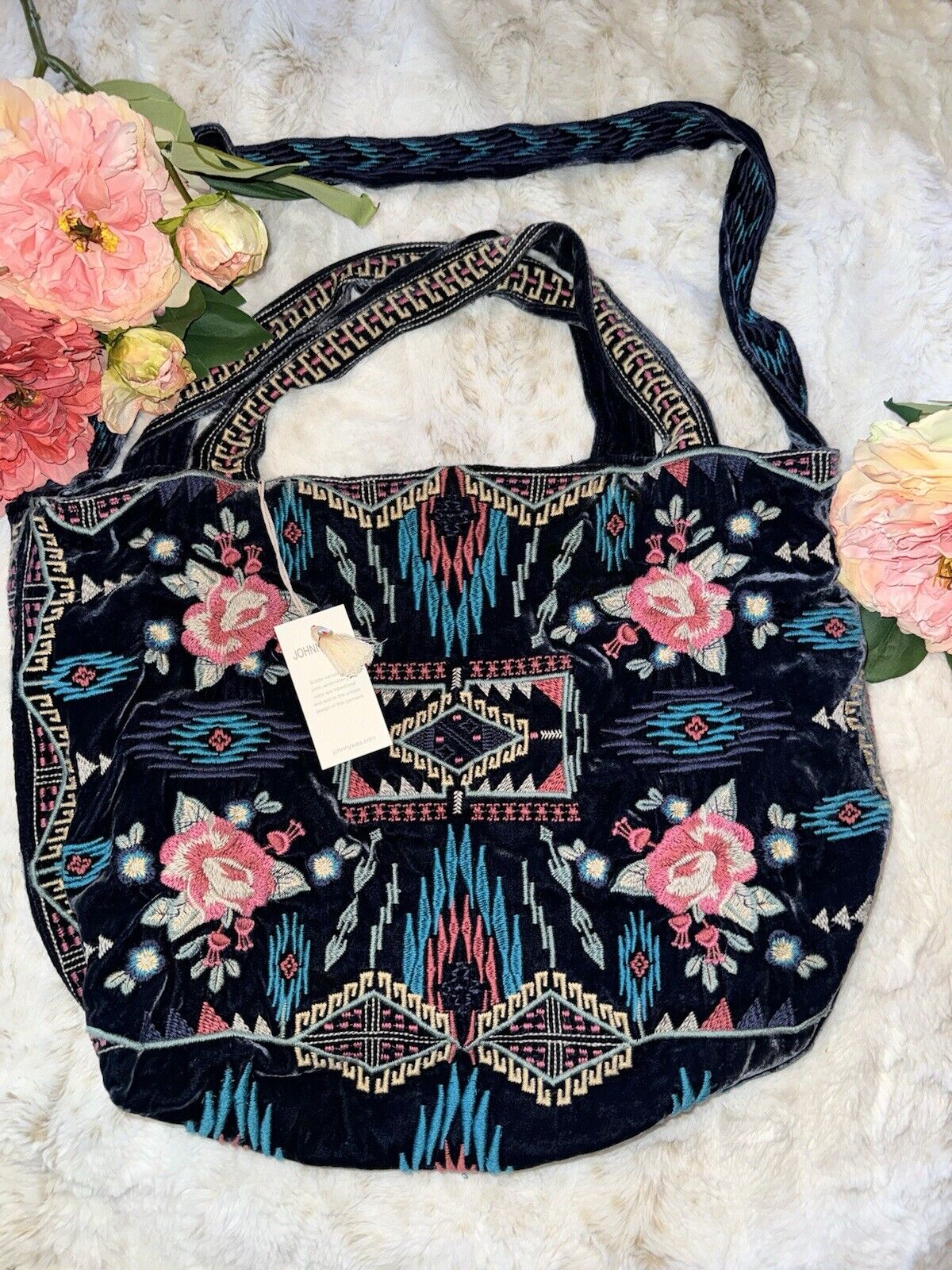 Johnny Was Large Blue Velvet Hobo Bag Tote Purse Embroidered Crossbody