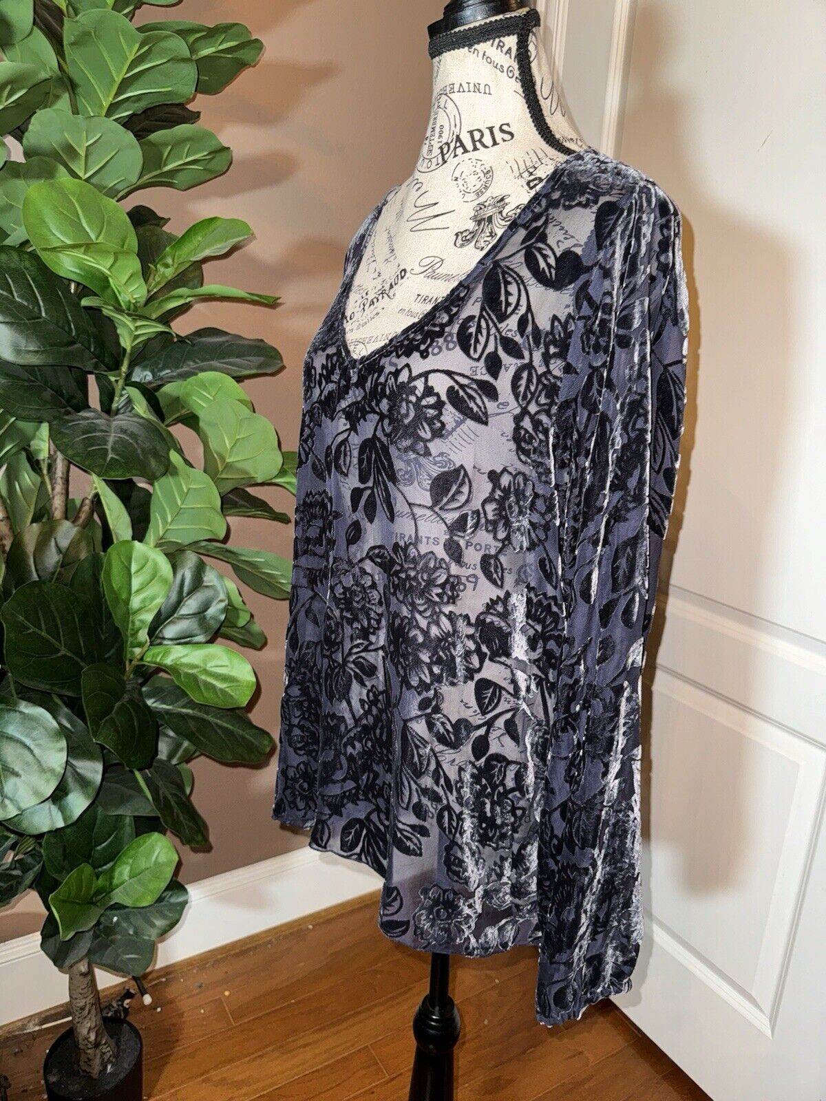 Johnny Was L Large Blue Burnout Velvet Tunic Top Sheer Floral Blouse Shirt