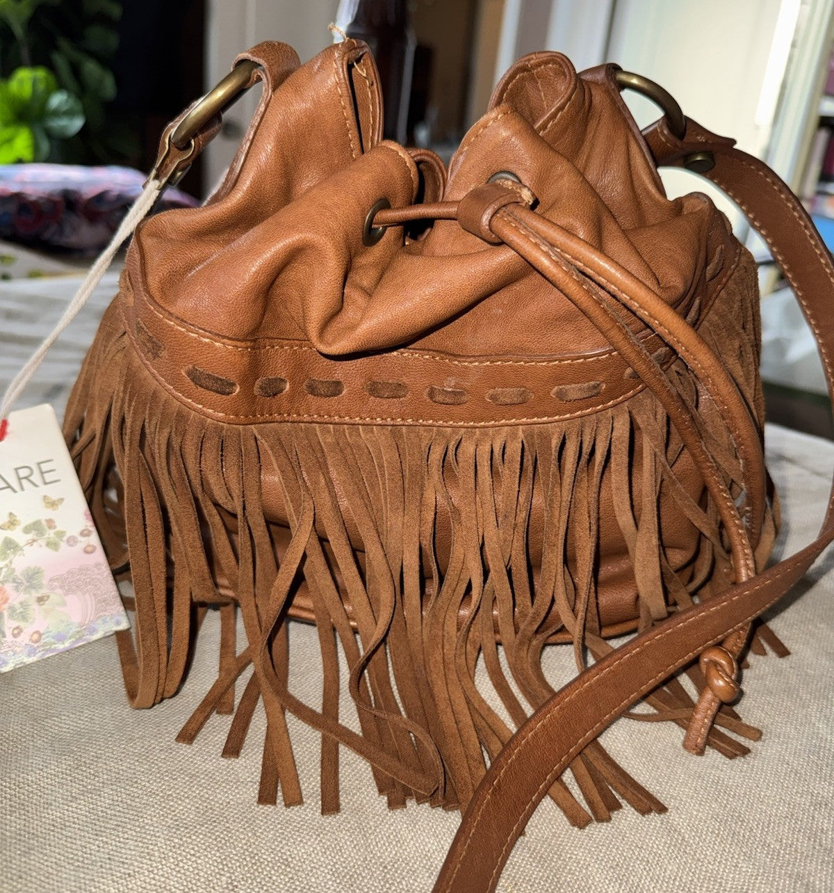 Johnny Was Brown Leather & Fringe Bucket Bag Purse Hobo Shoulder Tote Johnny Was