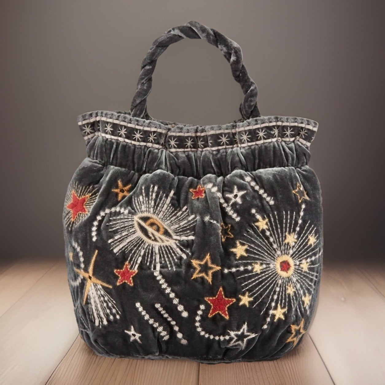 Johnny Was Grey Velvet Hobo Bucket Bag Tote Purse Embroidered Celestial Johnny Was