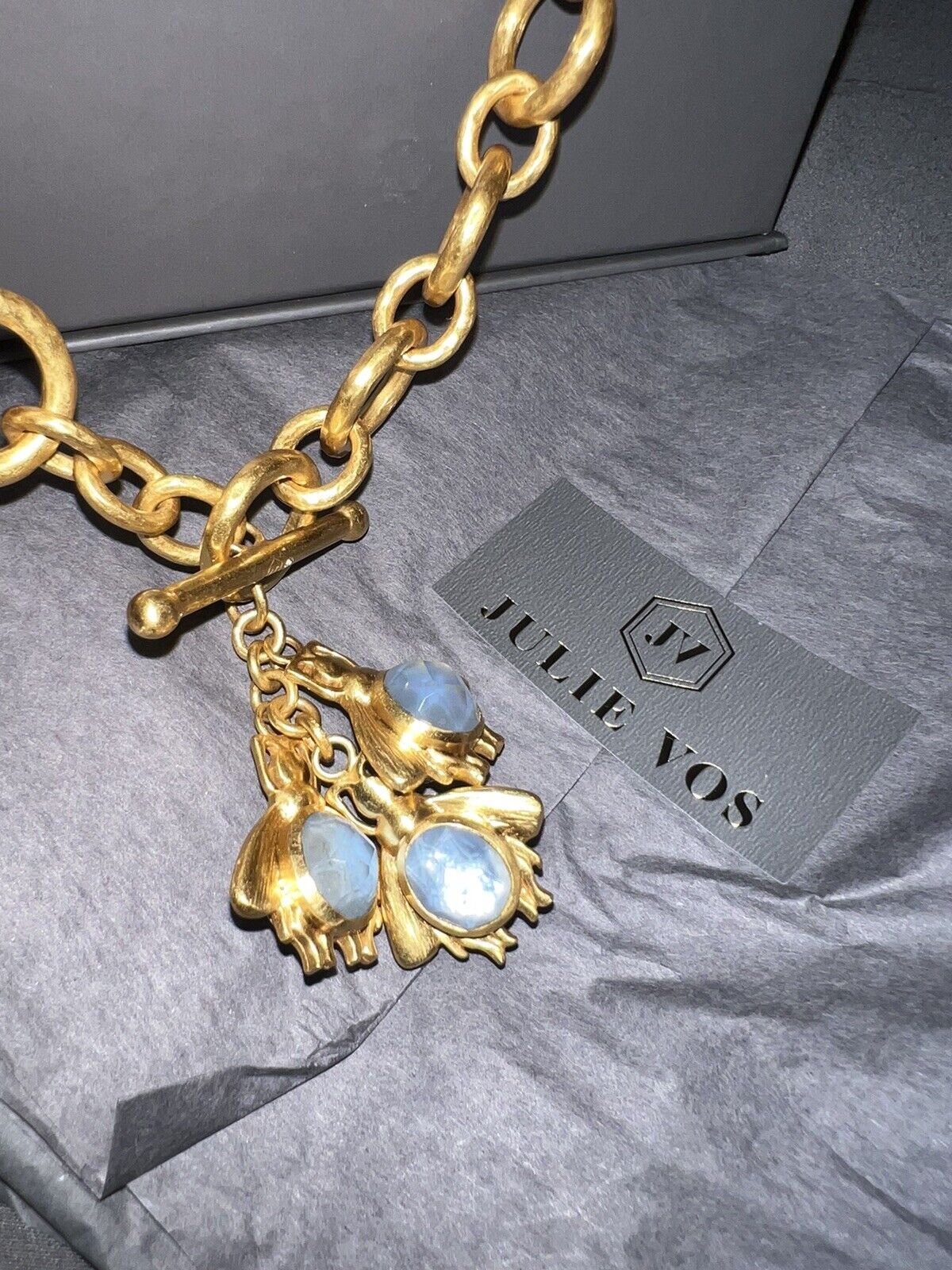 Julie Vos REVERSIBLE Bee Toggle Link Necklace 24k Gold Plate Chalcedony Clear