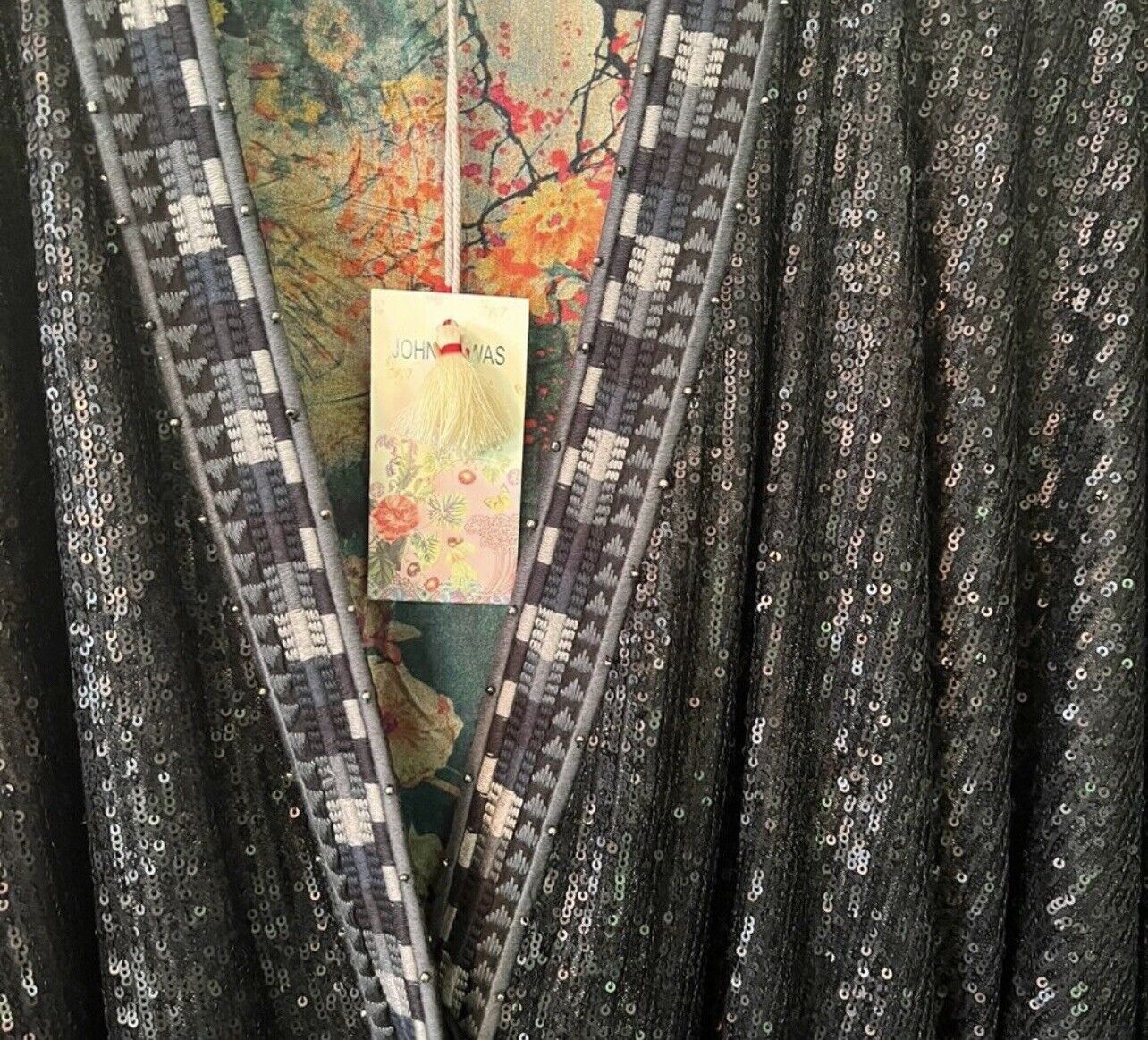 Johnny Was L Long 100% Silk & Sequins Black KIMONO Duster Wrap REVERSIBLE