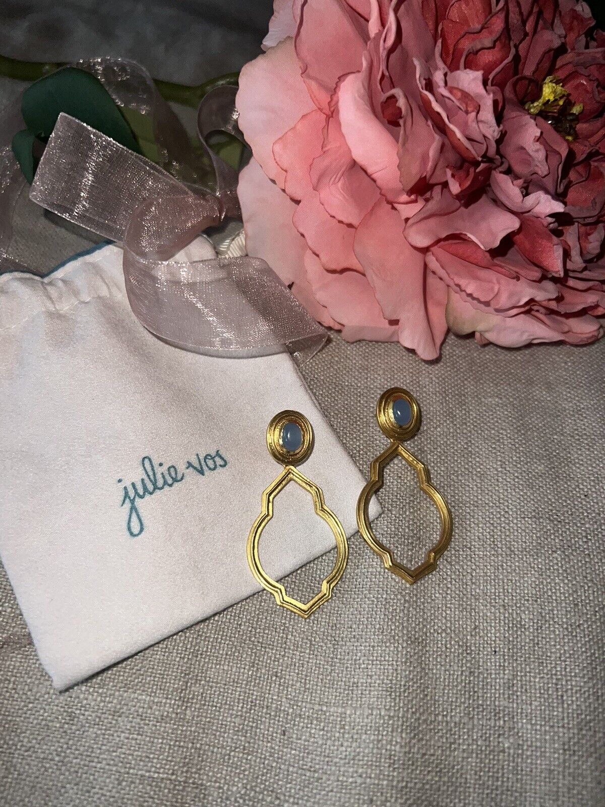 New Julie Vos AMAZING Blue Stone Statement Earrings 24k Gold Plated