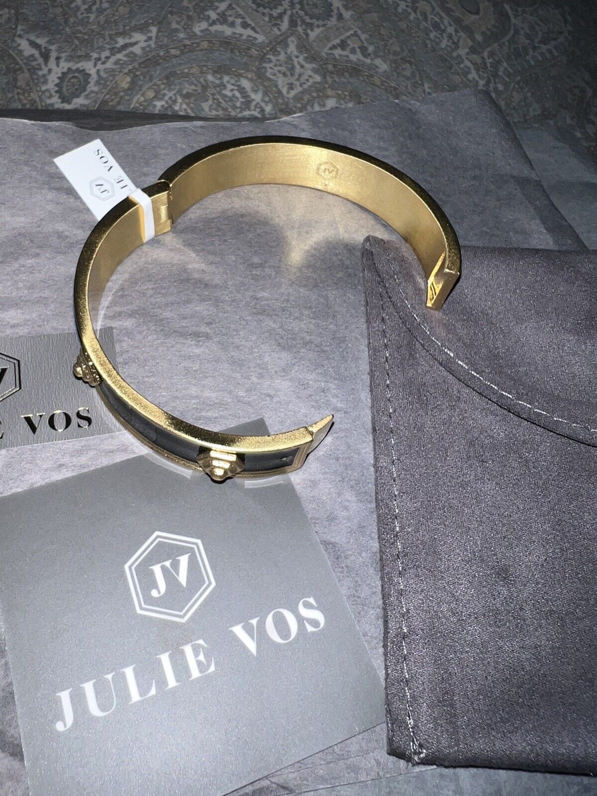 Julie Vos Black Enamel Over 24k Gold Plated Hinged Bangle Bracelet Octagonal