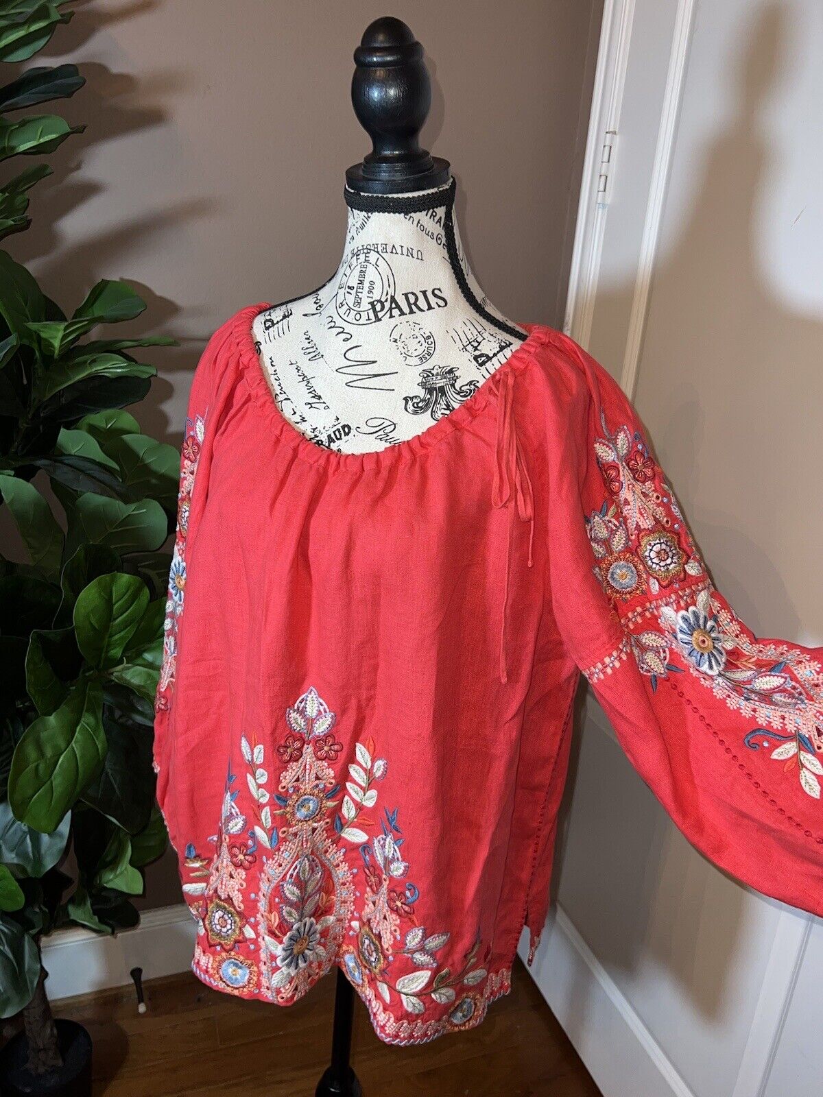 Johnny Was XL 1X 1XL Linen Kimono Sleeve Peasant Top Floral Embroidered