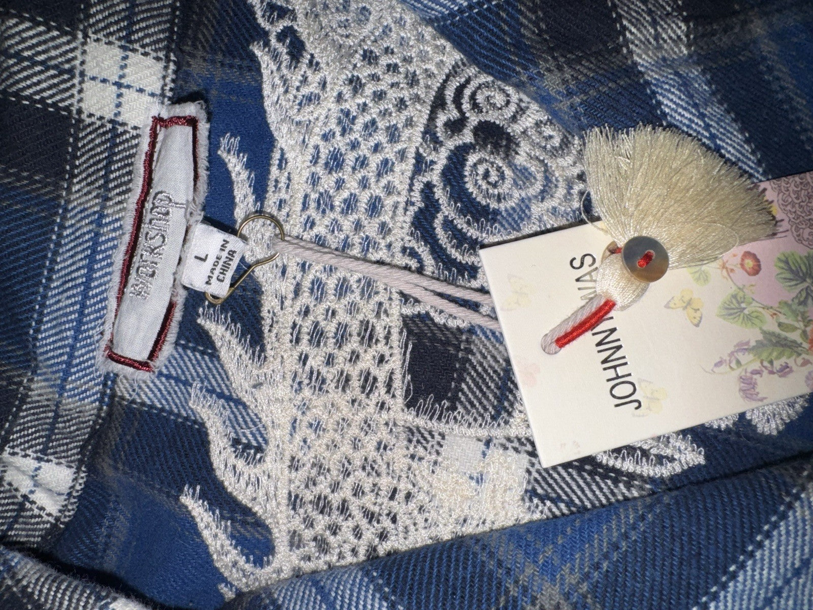 Johnny Was L Large Blue Plaid Trench Coat Jacket MIDI Embroidered Dragon Johnny Was