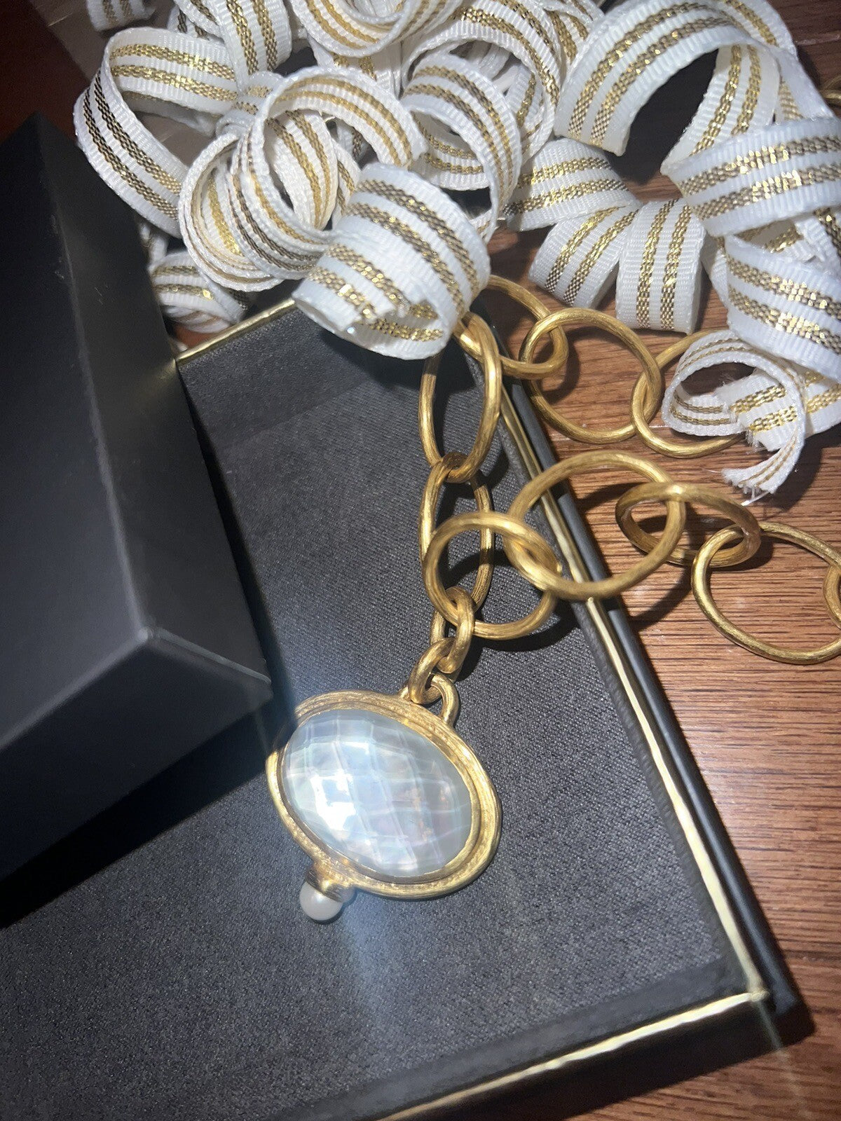 Julie Vos Statement Necklace Iridescent White Pendant 24k Plate Toggle Link Julie Vos