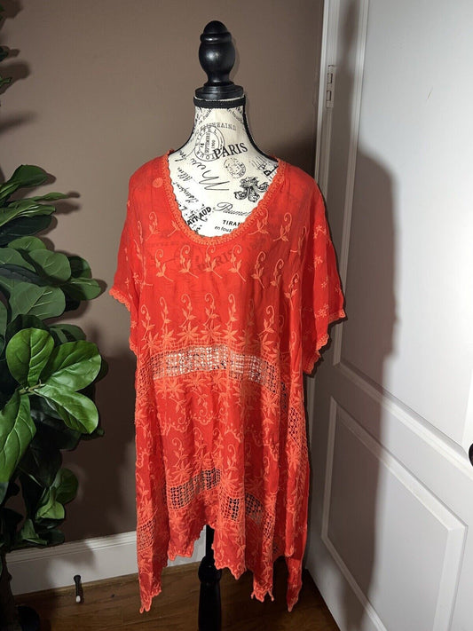 Johnny Was Orangey Red Silky Embroidery & Eyelet Tonal Tunic Kimono Sz 1X 1XL XL