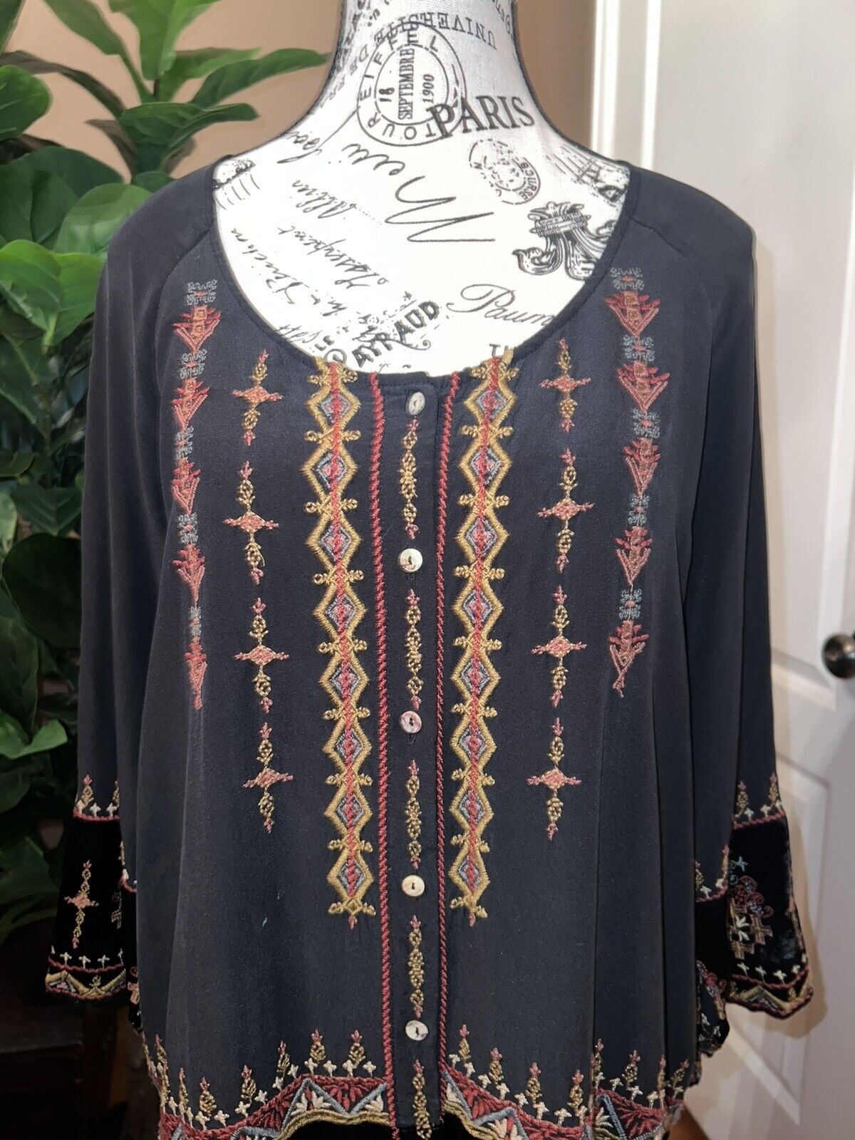 Johnny Was Silk & Velvet Sz M Tunic Top Kimono Button Up Medium