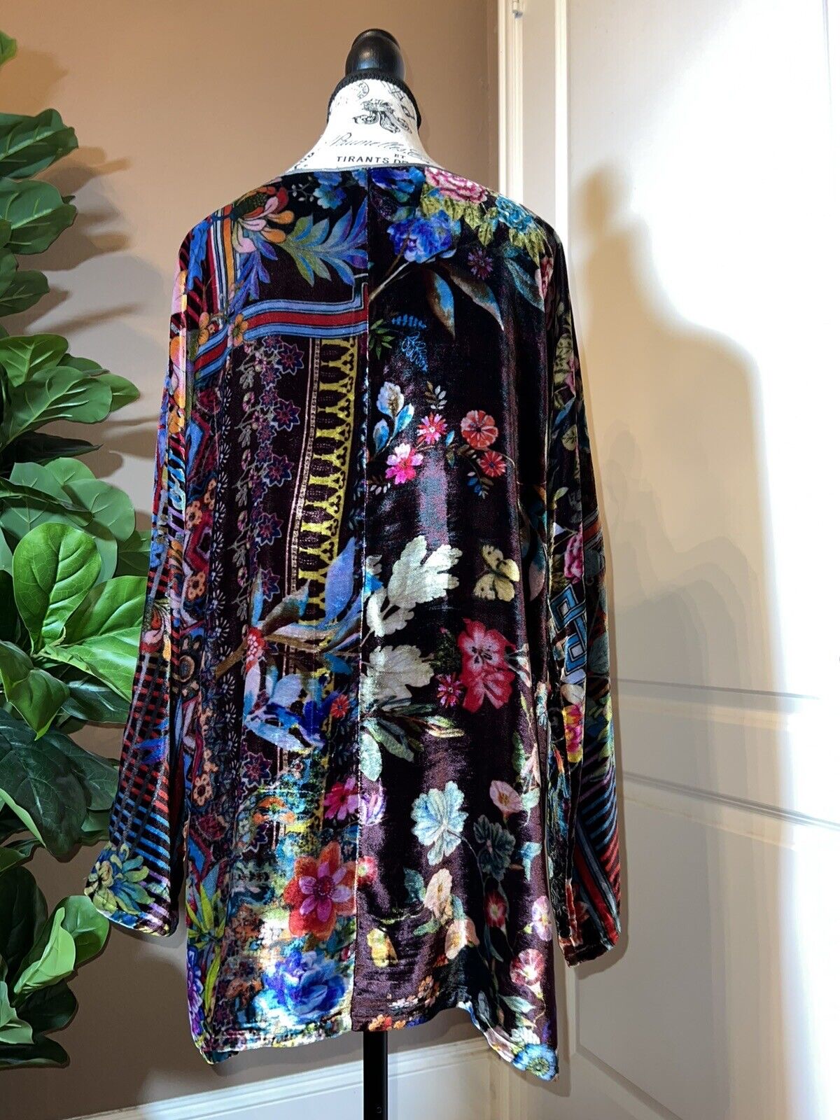 Johnny Was Floral Velvet Tunic Top Mini Dress Long Sleeve Sz XL Jewel Tones