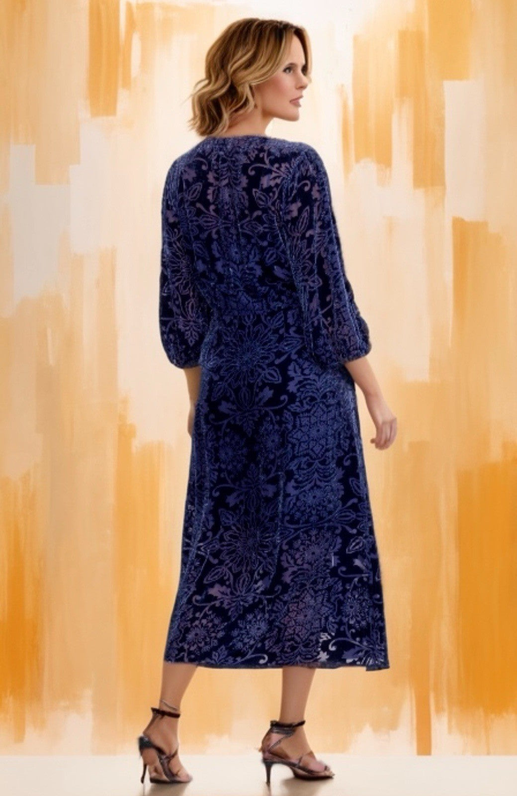 Johnny Was XL Midnight Blue Velvet Burnout Shift MIDI Dress Lightweight Johnny Was