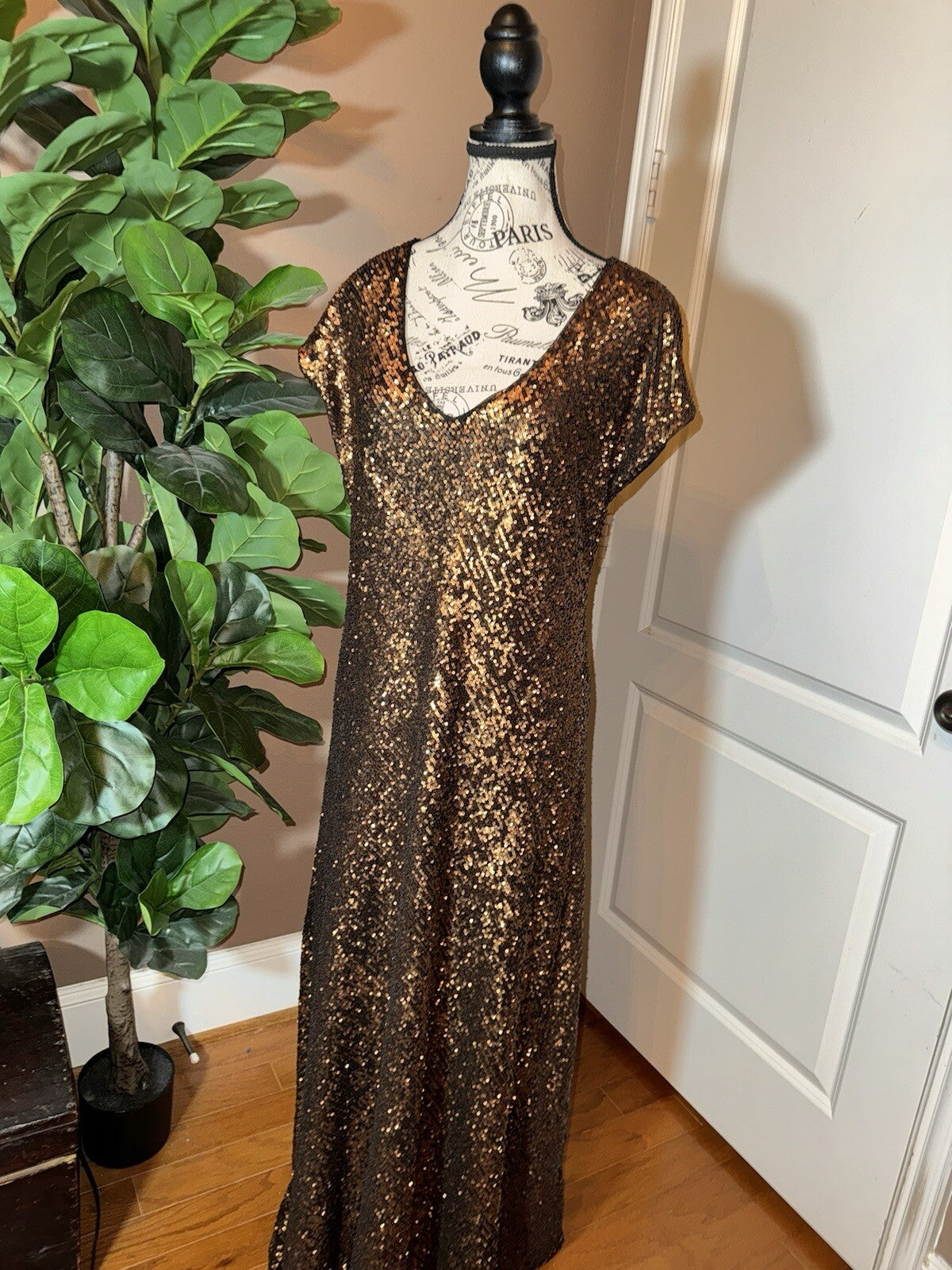 Johnny Was Gold L Large Sequin Maxi Dress Long Flowy Mesh Slip Sequins Party Johnny Was