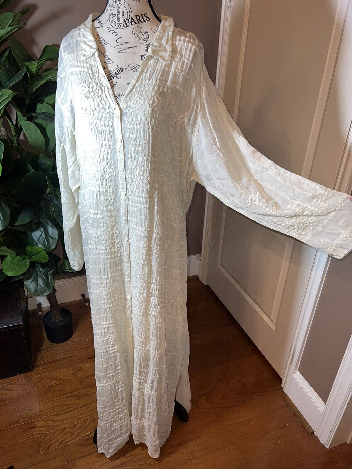 Johnny Was Ivory Silky Embroidery & Lace Kimono Dress Beach Wedding  XXL 2XL 2X