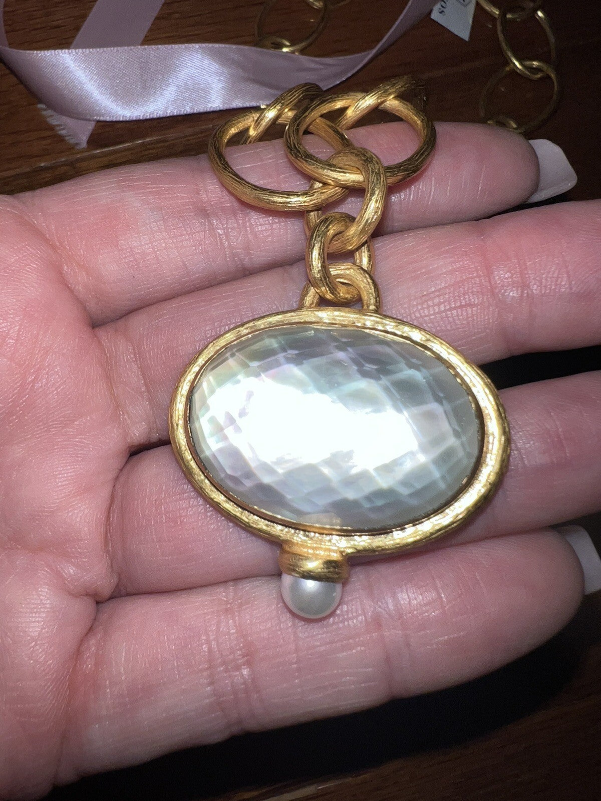 Julie Vos Statement Necklace Iridescent White Pendant 24k Plate Toggle Link Julie Vos