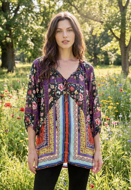 Johnny Was L Large 100% Silk Peasant Blouse Tunic Top Shirt Floral Cool Bohemian Johnny Was