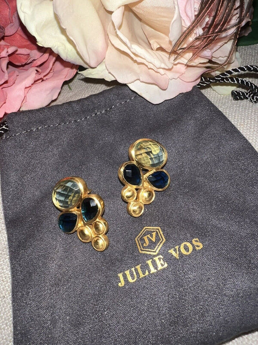 Vintage Julie Vos Statement Earrings Deep Blue & Peridot Green 24k Gold Plated