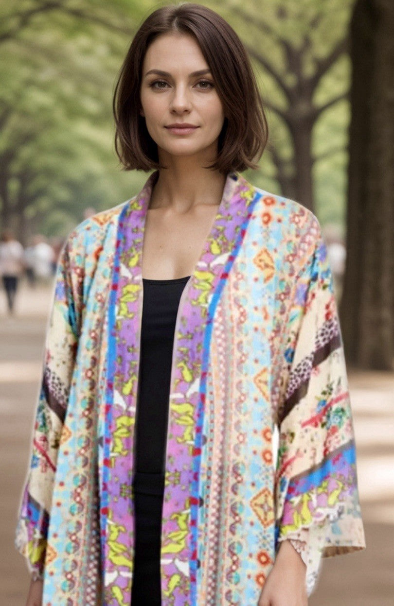 Johnny Was 2X Silky Kimono Jacket Floral W/ Belt Lavender Pink Lightweight Cool Johnny Was