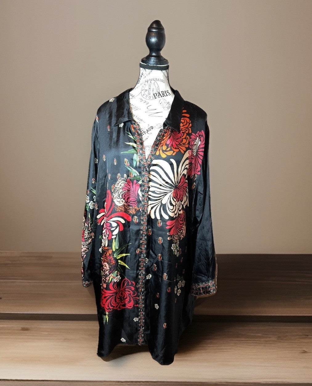 Johnny Was XL 100% Silk Black & Red Floral Blouse Button Up Tunic Top Mini Dress Johnny Was
