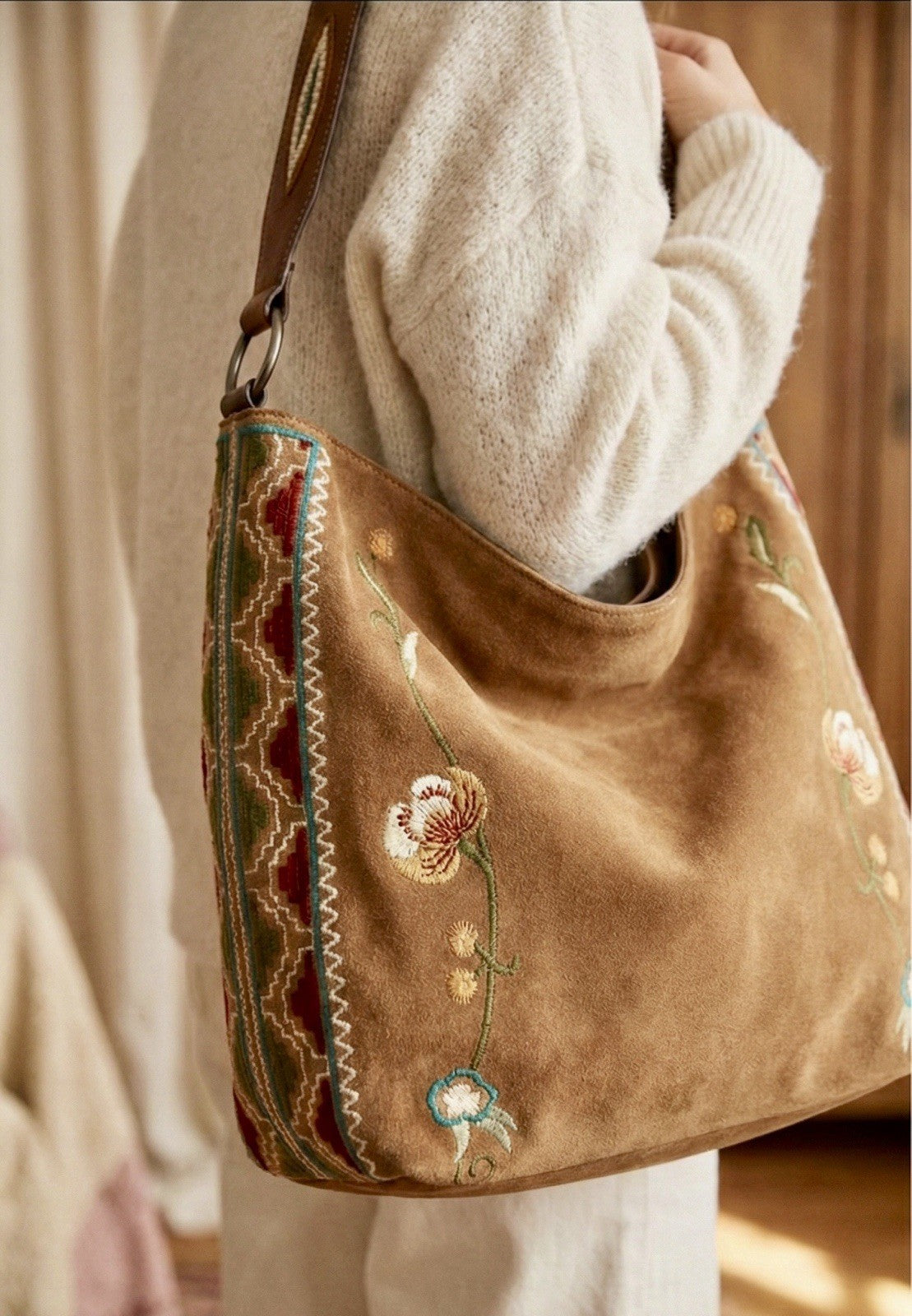 Johnny Was Brown Suede & Leather Bag Purse Tote Hobo Embroidered   *READ* Johnny Was