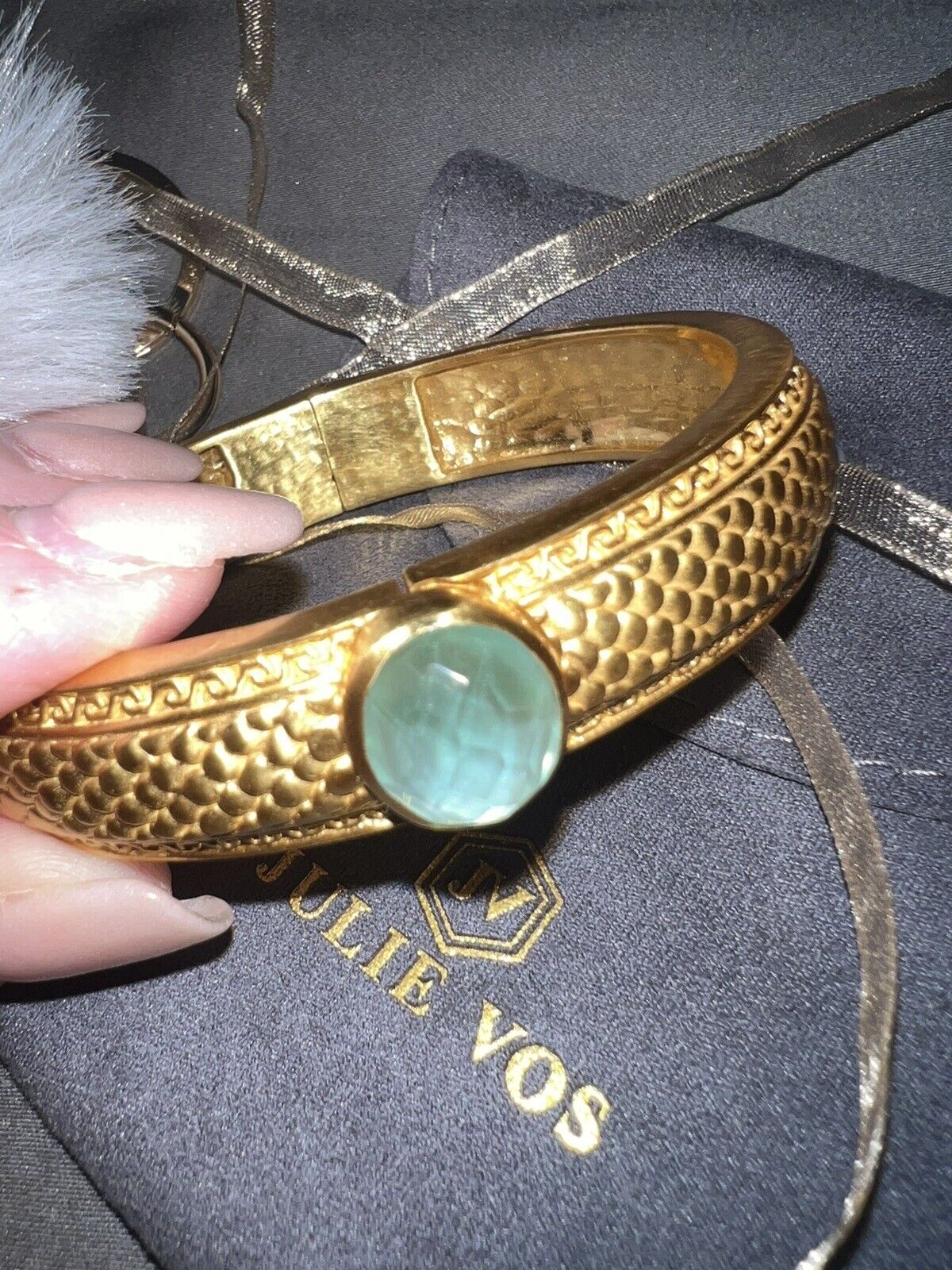 Julie Vos Hinged Bangle with Bahamian Blue Stone & 24k Plated  RETIRED