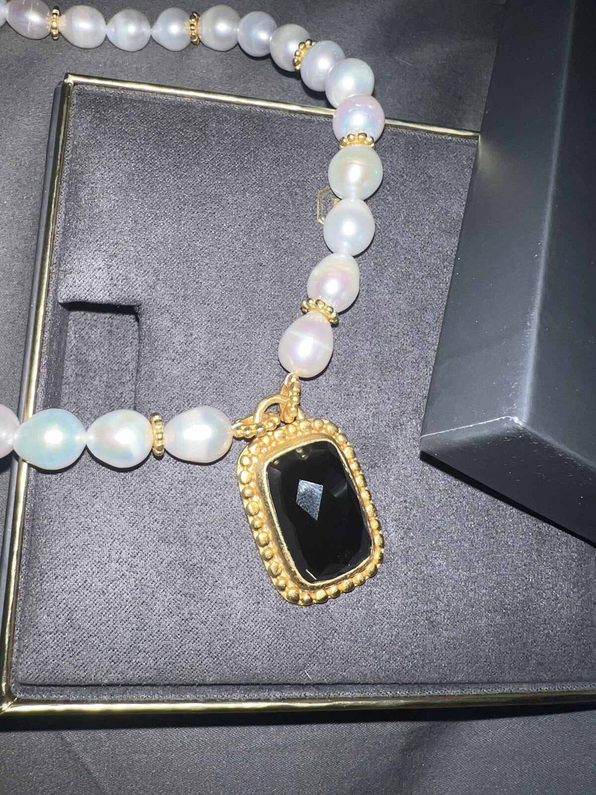 Julie Vos Freshwater Pearl & Obsidian 24k Gold Plate Statement Necklace WOW! Julie Vos