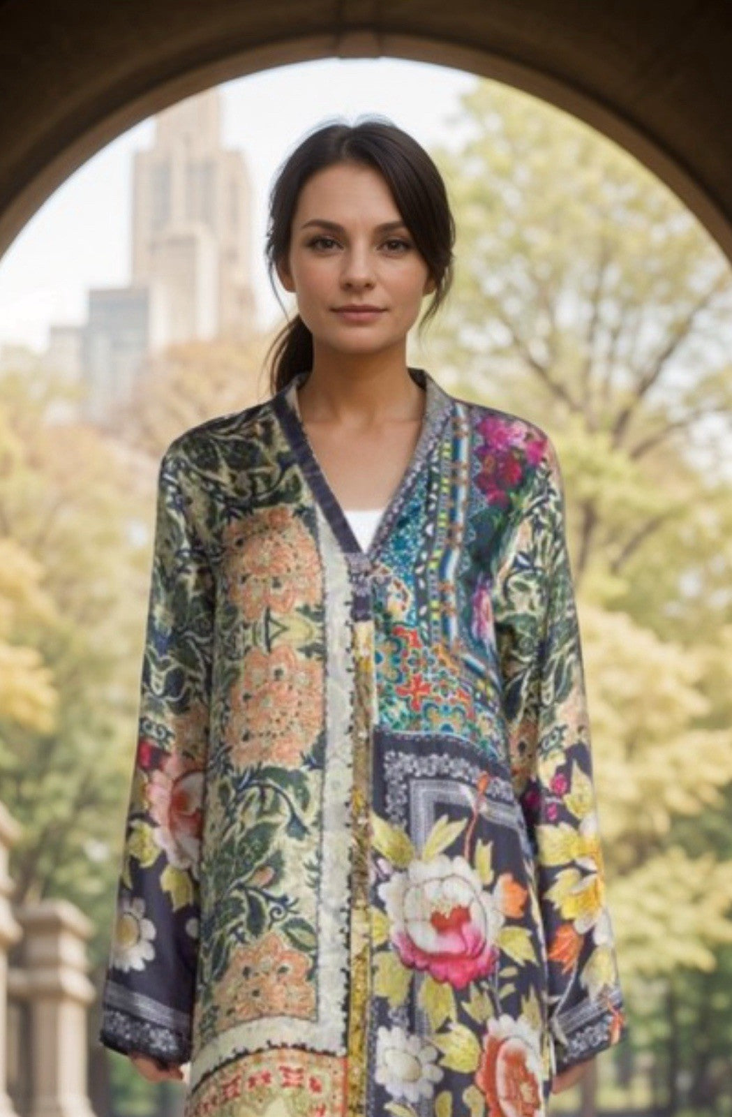 Johnny Was Large 100% Silk Kimono Cherry Blossoms STUNNING BACK Button Up Blouse Johnny Was