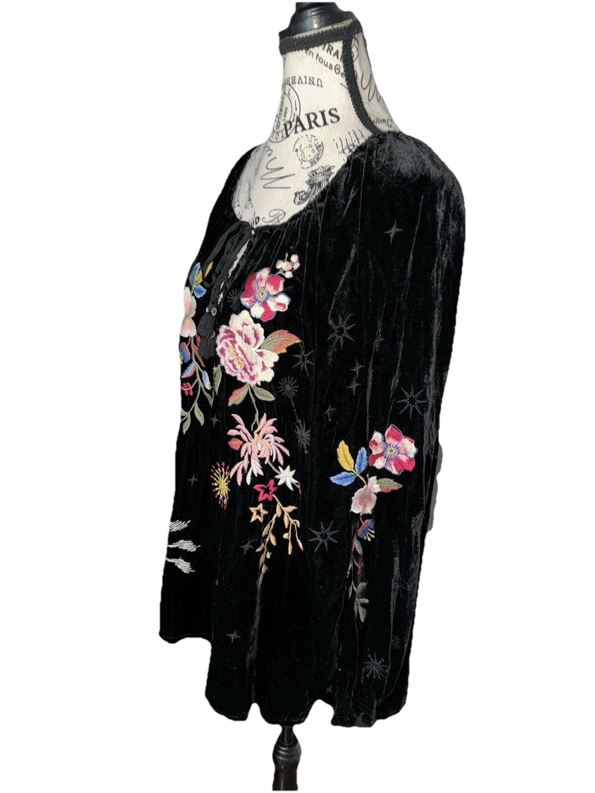 Johnny Was L Large Black Velvet Roses & Stars Embroidered Peasant Tunic Top Johnny Was