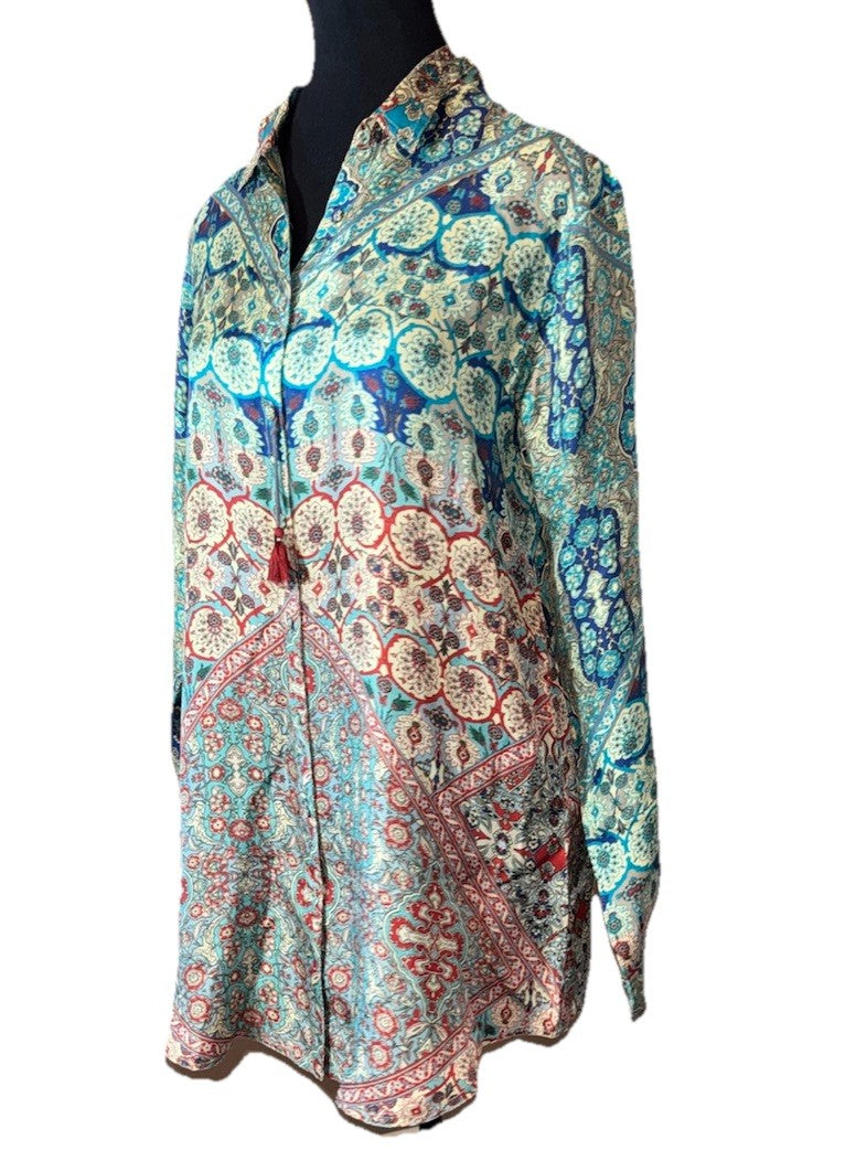 Johnny Was L 100% Silk Button Up Blouse Tunic Top Long Sleeve Lightweight Cool Johnny Was