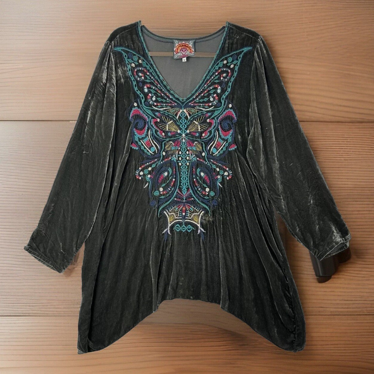 Johnny Was L Large Grey Velvet Butterfly Tunic Top Mini Dress Embroidered Johnny Was