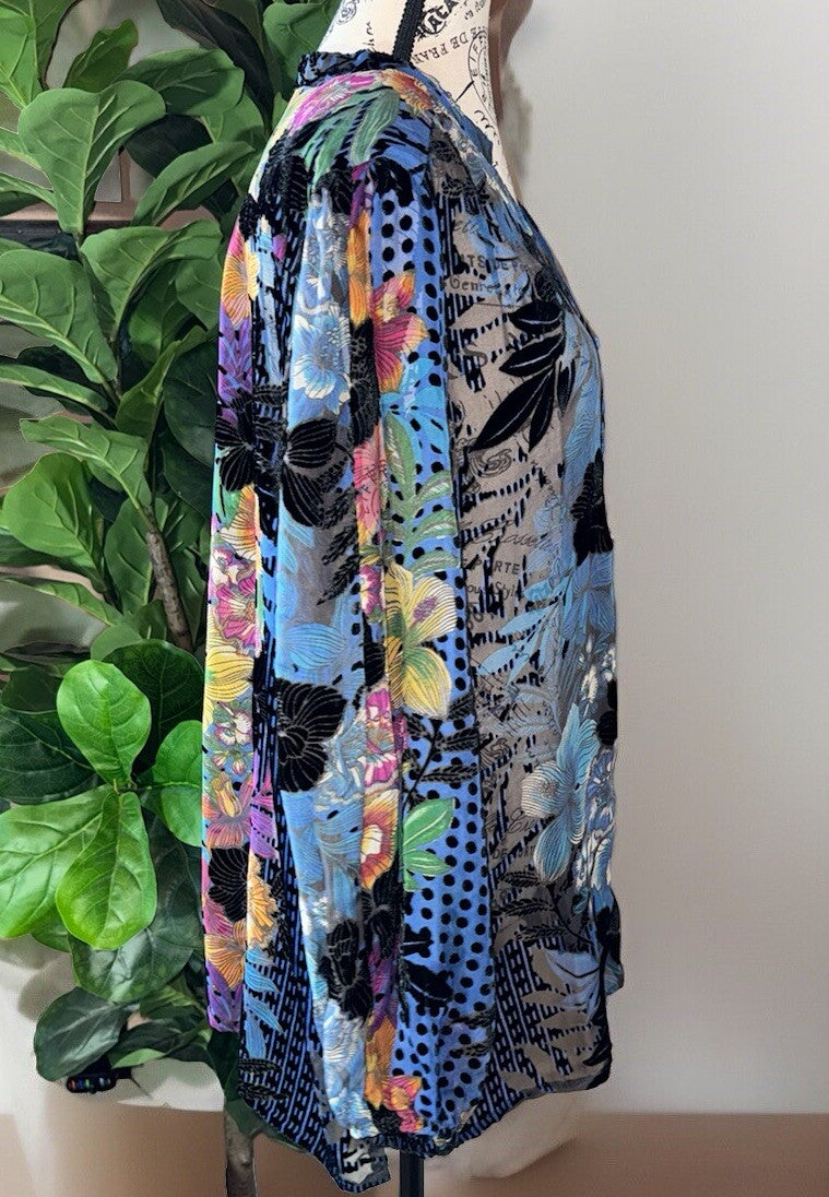 Johnny Was XL Blue Burnout Velvet Button Up Tunic Top Blouse Shirt *No Cami Johnny Was