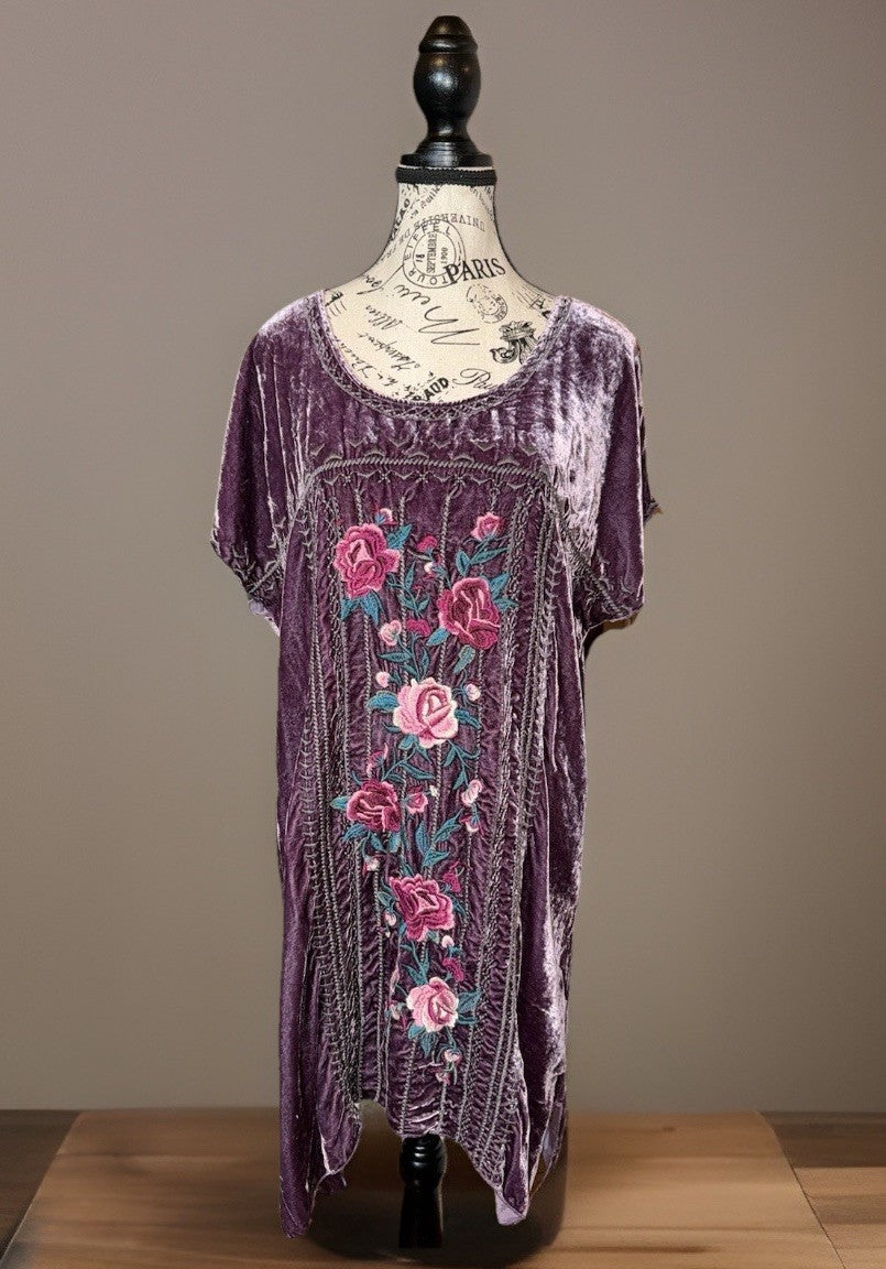 Johnny Was L Large Purple Velvet Embroidered Shift Mini Dress Short Sleeve BOHO Johnny Was