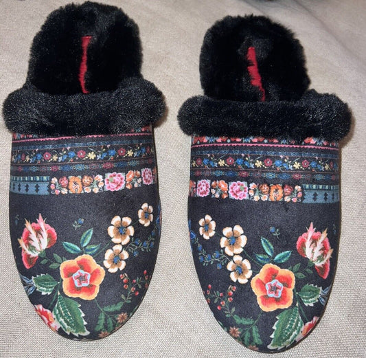 Johnny Was Black Faux Fur Floral Slippers sz 9 NWOB