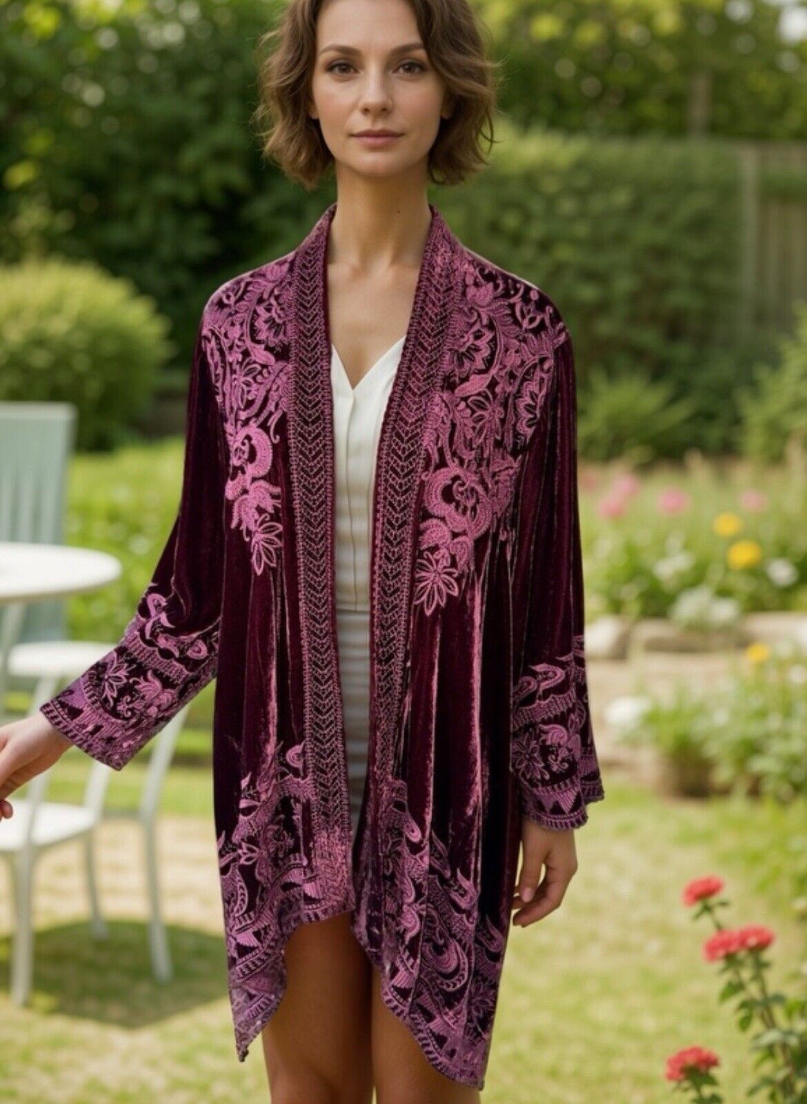 Johnny Was Burgandy Wine Velvet & Embroidered Top Kimono Wrap Duster XL 1X