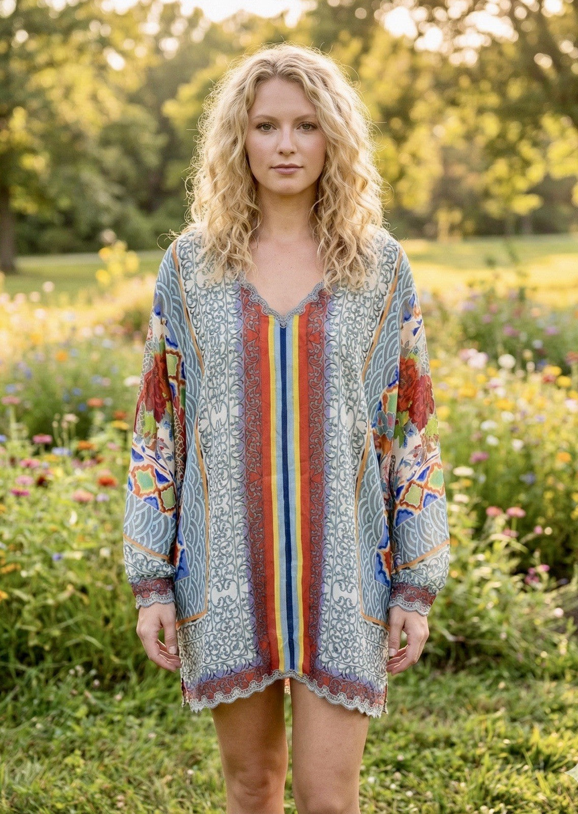 Johnny Was XL 100% Silk Long Sleeve Tunic Top Dragon Blouse Shirt Asian BOHO Johnny Was