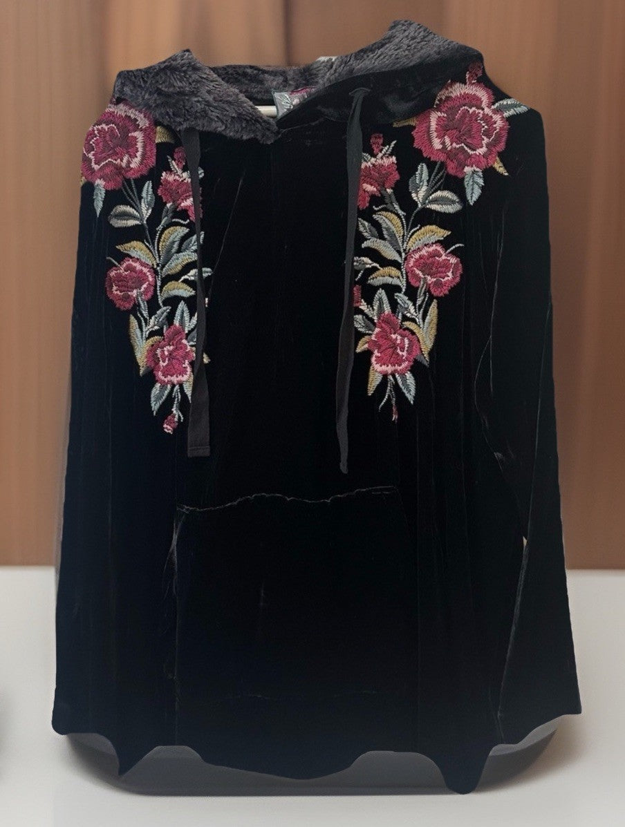 Johnny Was 1X Plus Black Velvet & Fur Hoodie Pullover Top Tunic Embroidered Johnny Was