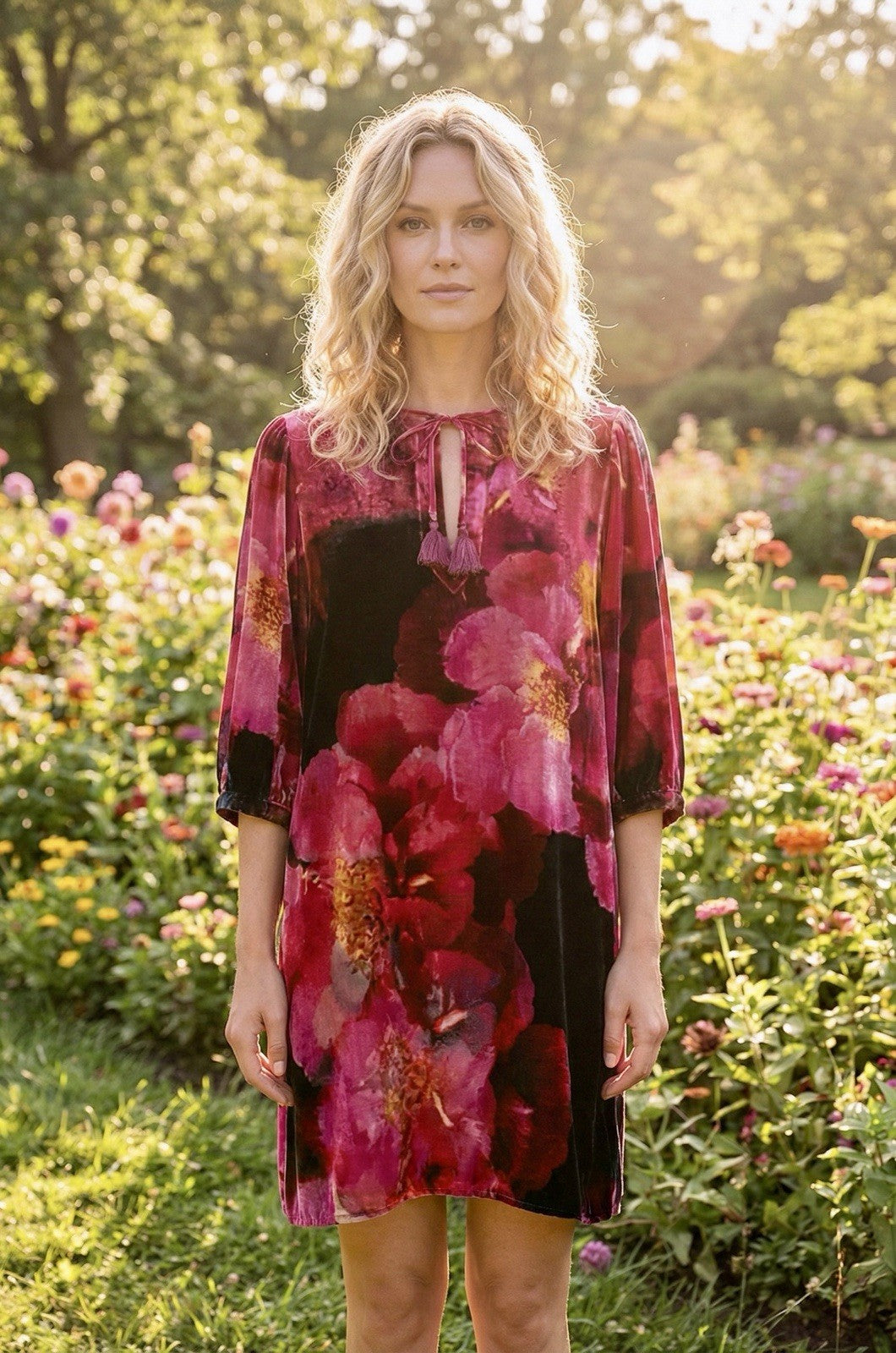 Johnny Was XXL Plus Velvet Shift Mini Dress Red Black  & Pink BOHO Floral Johnny Was