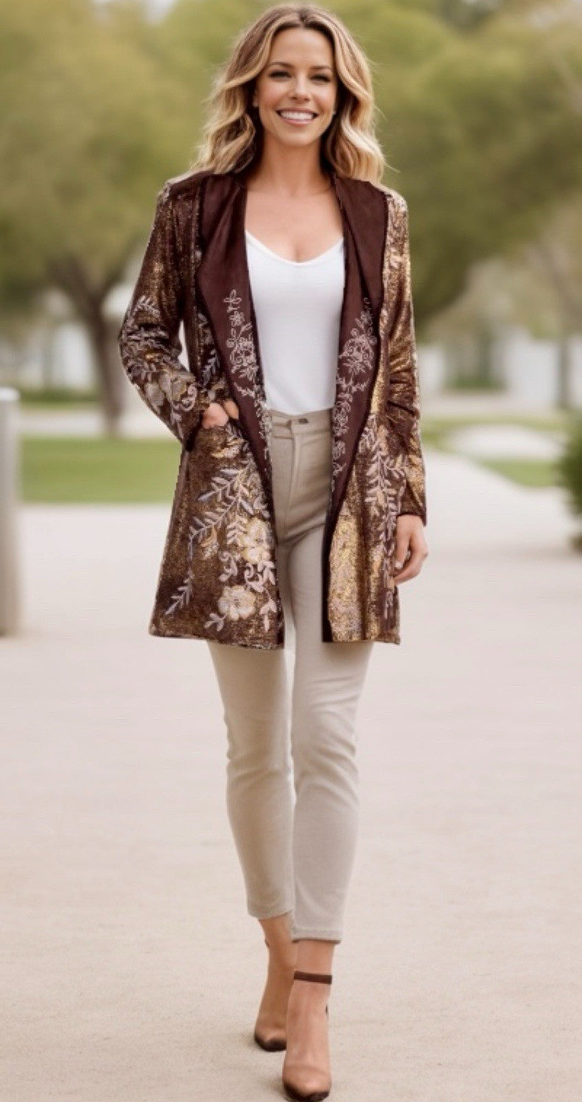 Johnny Was 2X Plus Gold & Brown Metallic Jacket Coat Wrap Sweater BOHO Johnny Was