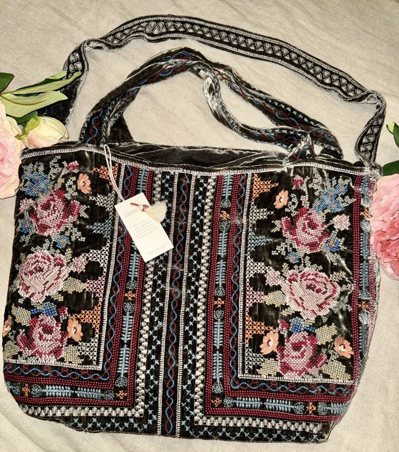 Johnny Was Large Grey Velvet Hobo Bag Tote Purse Embroidered Crossbody Johnny Was