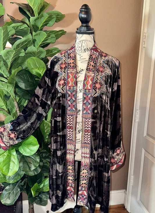 Johnny Was L Velvet Long Kimono Duster Embroidered Wrap Cardigan Jacket