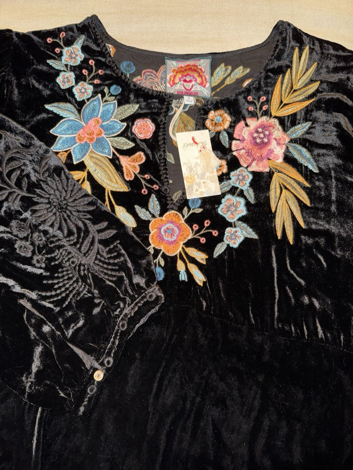 Johnny Was 3X Plus Black Velvet Maxi Dress Floral Embroidery $528 Retail Johnny Was