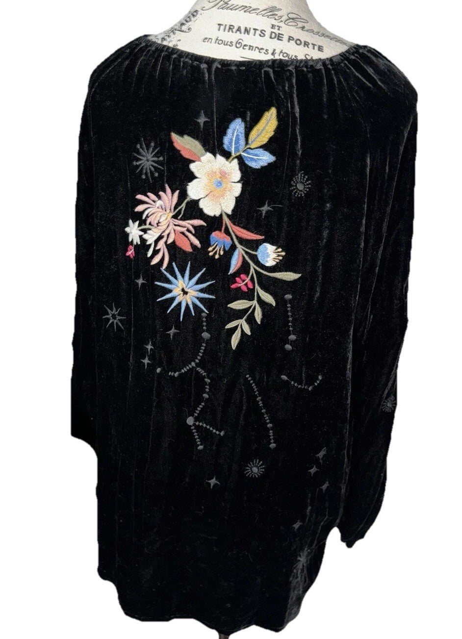 Johnny Was L Large Black Velvet Roses & Stars Embroidered Peasant Tunic Top Johnny Was