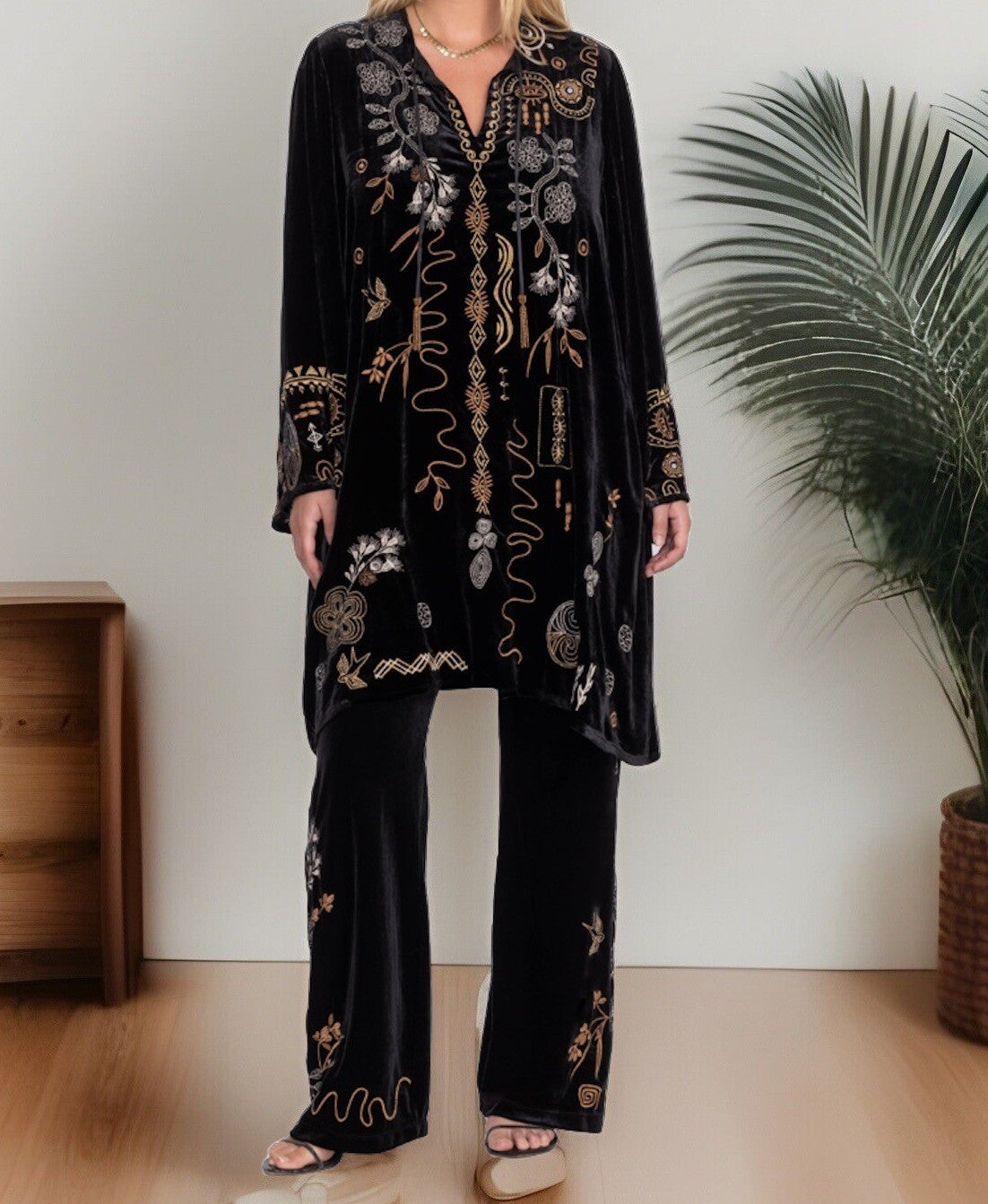 Johnny Was 3X 3XL Plus Black & Gold Velvet Kimono Shift Mini Dress Tunic Top Johnny Was