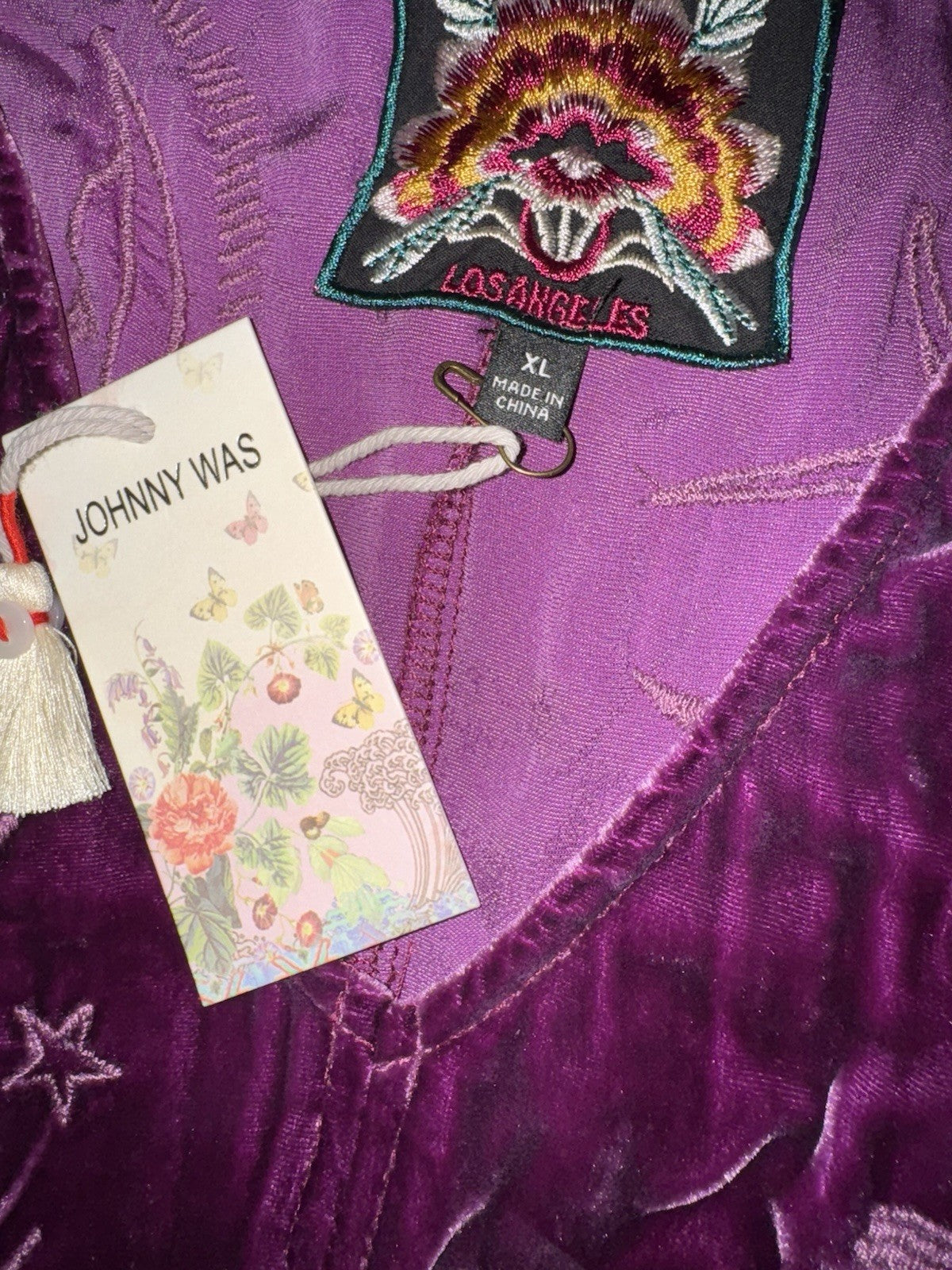 JOHNNY WAS XL Eggplant Velvet Midi Dress Tiered Embroidered Maxi $490 Retail Johnny Was