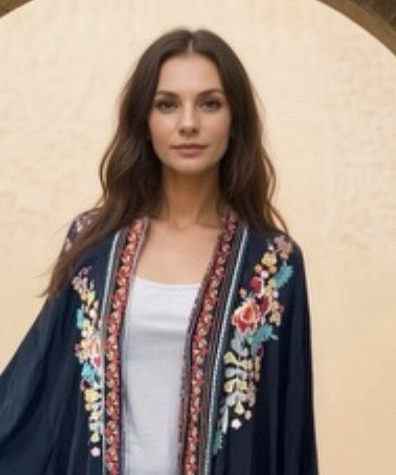 Johnny Was XXL Silky Black Long Kimono Duster Wrap Pockets Embroidered Bohemian Johnny Was
