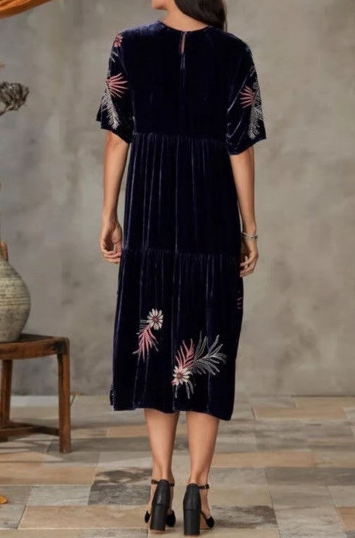 JOHNNY WAS XL Dark Midnight Blue Velvet Midi Dress Tiered Embroidered Maxi Johnny Was