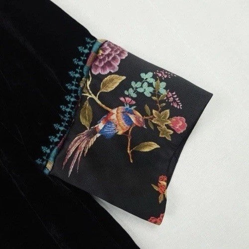 Johnny Was L Large Black Velvet & Silk Kimono Embroidered Floral Wrap Duster Johnny Was