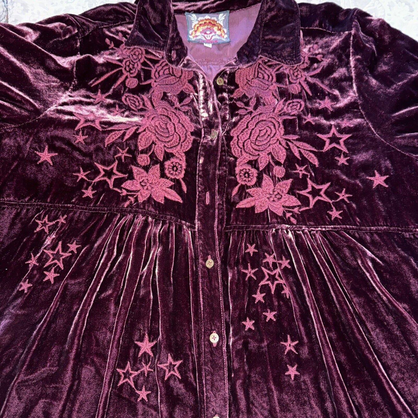 Johnny Was Burgandy Wine Velvet & Embroidered Tunic Top Kimono Sz XXL