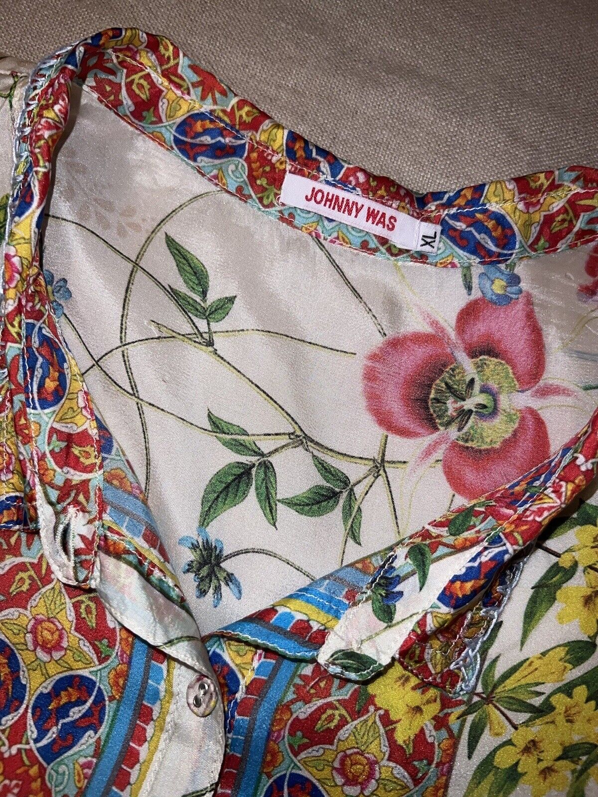 100% Silk Johnny Was Tunic Top XL 1X 1XL Marigolds Mums Kimono Colorful