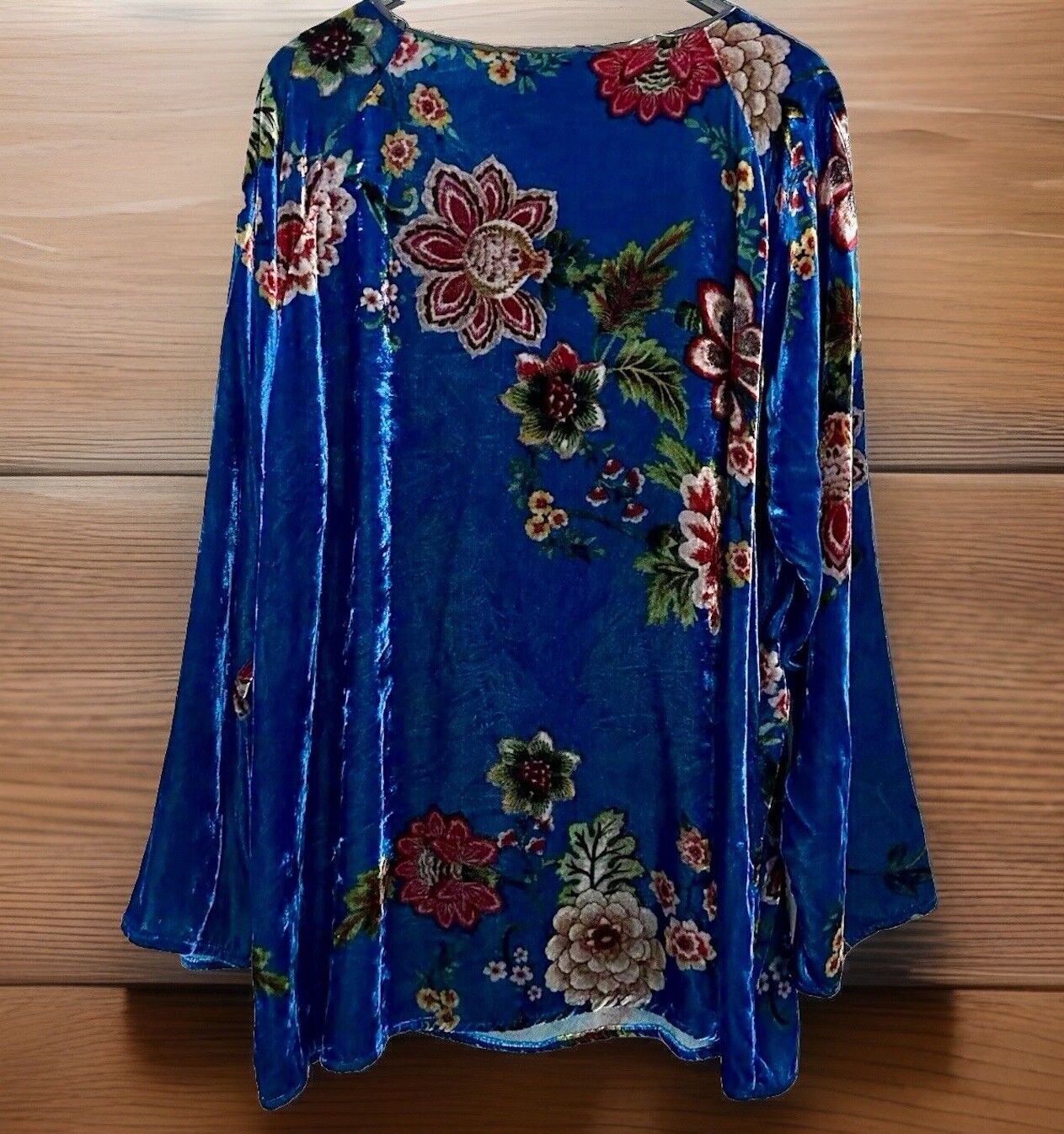 Johnny Was XL Blue Velvet Tunic Top Floral Long Sleeve Blouse Shirt Mini Dress