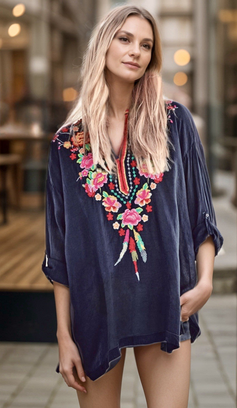 Johnny Was L Tunic Top Blouse Shirt Embroidered Silky Navy Lightweight Cool Johnny Was